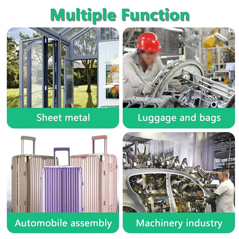 Collage of uses for Aluminum Pop Rivets Kit: sheet metal, luggage and bags, automobile assembly, machinery industry.