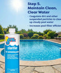 Clarifier bottle by a clear blue pool, text reads 'Step 5. Maintain Clean, Clear Water' from Pre Measured Pool Opening Kit For Up To 35,000 Gallons With Sodium Dichlor Clarifier And Algaecide For Above Ground And In Ground Pools No Guesswork For Crystal Clear Water