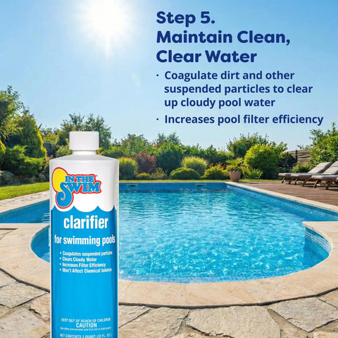 Clarifier bottle by a clear blue pool, text reads 'Step 5. Maintain Clean, Clear Water' from Pre Measured Pool Opening Kit For Up To 35,000 Gallons With Sodium Dichlor Clarifier And Algaecide For Above Ground And In Ground Pools No Guesswork For Crystal Clear Water