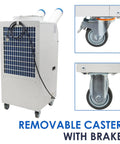 Built Tough Portable Air Conditioner With Bulky 14L Tank And Easy Roll Caster Wheels For Heavy Duty Spot Cooling In Warehouses Workshops And Clinics 110V 1800W Mobile Cooler Rig with removable wheels.