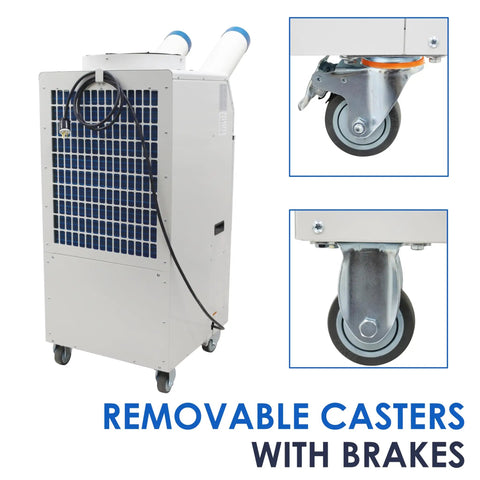 Built Tough Portable Air Conditioner With Bulky 14L Tank And Easy Roll Caster Wheels For Heavy Duty Spot Cooling In Warehouses Workshops And Clinics 110V 1800W Mobile Cooler Rig with removable wheels.