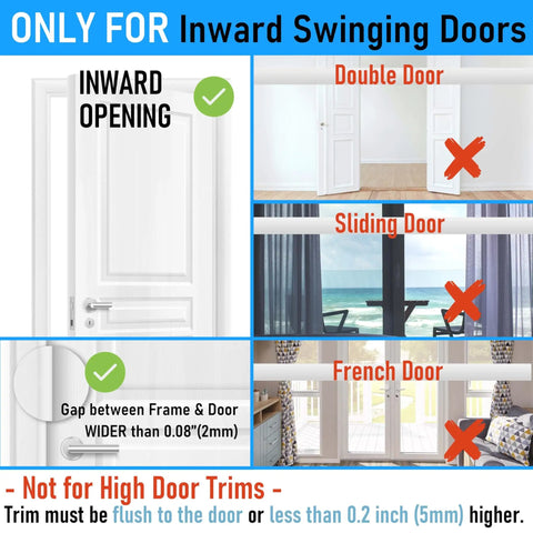 Diagram showing door reinforcement lock compatibility with inward swinging doors, highlighting unsuitable double, sliding, French doors.