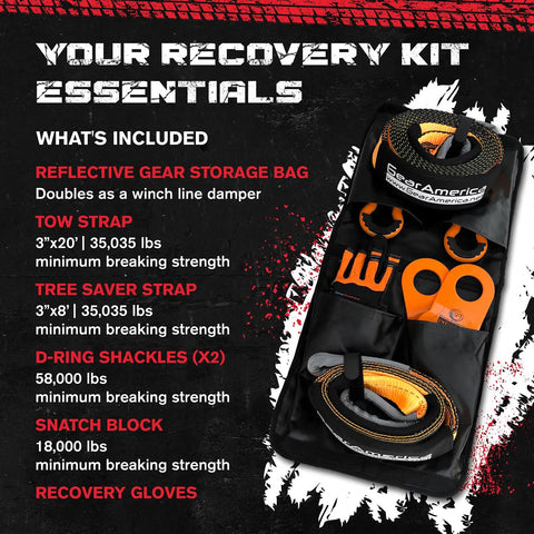 Beefed Up Off Road Recovery Kit 9 Ton With Tow Strap Snatch Block Tree Saver D Ring Shackles Winch Line Dampener Bag And Gloves