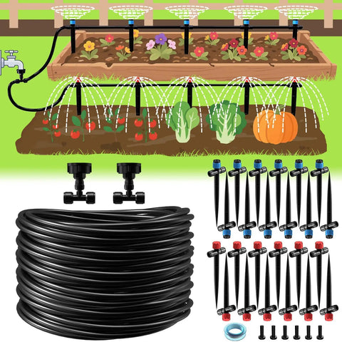 Easy DIY 118 Foot Drip Irrigation Kit With Quick Connects For Lawn Garden Beds Raised Beds And Greenhouse 24 Drip Emitters