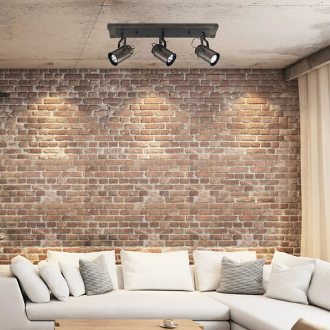 Williamsburg 3-Light Track Lighting With Dark Wood Finish And Metal Accents, Rustic Industrial Style lighting in cozy living room