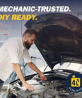 Mechanic working on car with Universal Full Synthetic ATF Gearbox Fluid For Automatic Transmissions Four Liter Bottle nearby