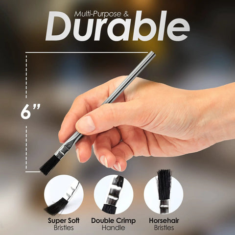 Horsehair Flux Brushes 36 Pack With Five And A Quarter Inch Handles And Three Eighths Inch Bristles held for size reference