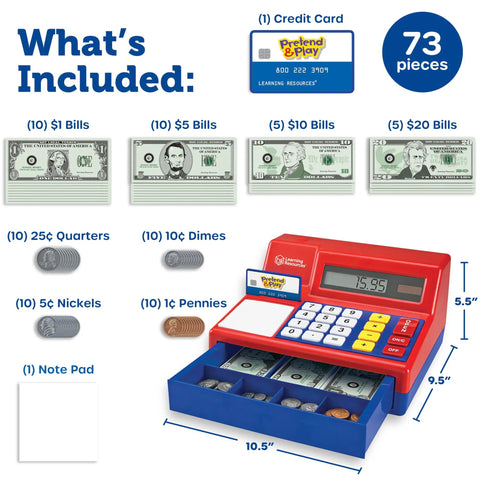 Pretend And Play Calculator Cash Register Toy For Kids And Toddlers With Solar Powered Calculator Cash Drawer Play Money And Credit Card Set For Shopping Store Playset Educational Preschool Math Fun set with 73 pieces