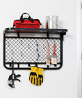 Reversible Garage Wall Grid Shelf With Hooks Built Tough Steel Storage Organizer Mounts To Studs Holds Up To 60 Pounds Black