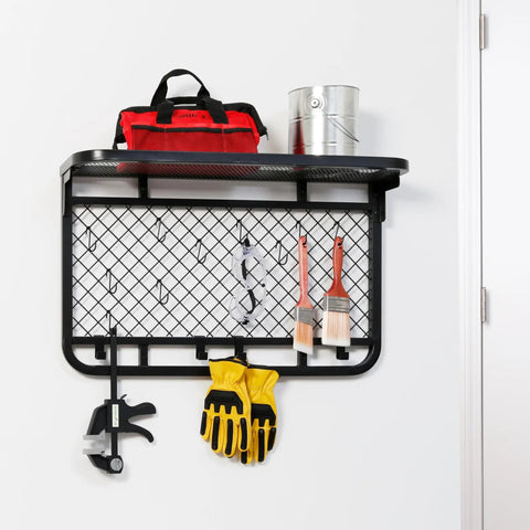 Reversible Garage Wall Grid Shelf With Hooks Built Tough Steel Storage Organizer Mounts To Studs Holds Up To 60 Pounds Black