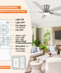 52 Inch Flush Mount Brushed Nickel Ceiling Fan With Light And Remote, Ultra Quiet DC Motor, Dimmable LED Light, shown in living room interior