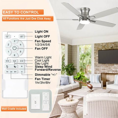 52 Inch Flush Mount Brushed Nickel Ceiling Fan With Light And Remote, Ultra Quiet DC Motor, Dimmable LED Light, shown in living room interior