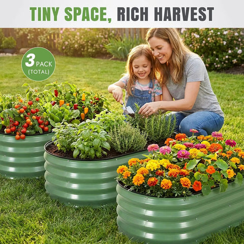 Galvanized Raised Garden Bed Kit Three Pack Outdoor Metal Planters 4x2x1 Ft Oval Beds For Vegetables Herbs And Flowers Rust Resistant