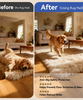 Before and after using Rug Pad Gripper 5X Non Slip Power Grip For Area Rugs On Hardwood Floors, shown with a dog on the mat.