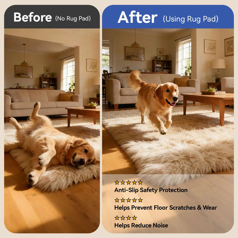 Before and after using Rug Pad Gripper 5X Non Slip Power Grip For Area Rugs On Hardwood Floors, shown with a dog on the mat.