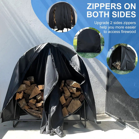 Outdoor Waterproof Log Rack Cover Heavy Duty Windproof UV Resistant Tarp With PVC Backing Keeps Dry Wood Safe Year Round Fits 40 Long X 24 Wide X 41 High Black showing zippers on both sides for easy firewood access.