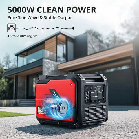 5000W Inverter Generator With CO Protection and super quiet performance placed in front of a modern home