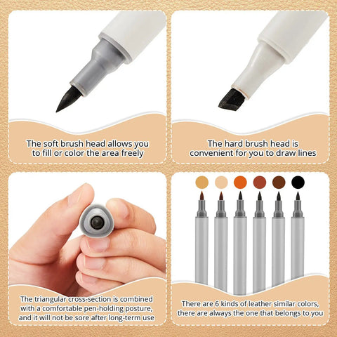 Six Pack Dual Tip Leather Dye Marker Pens For No Sweat Shoe And Furniture Scratch Fix With Dope Colors And Clean Finish For Quick Easy Restore Jobs Around The Garage, showcasing soft and hard brush tips.