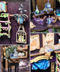Detailed view of DIY Book Nook Kit For Beginners With The Astrology Bookshop Theme, showing wooden laser-cut miniature scene on a shelf.