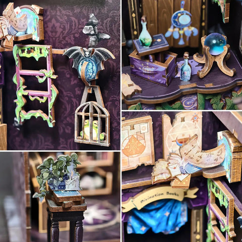 Detailed view of DIY Book Nook Kit For Beginners With The Astrology Bookshop Theme, showing wooden laser-cut miniature scene on a shelf.