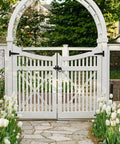 White garden gate with 4 Inch T Strap Hinges Heavy Duty Outdoor Black Gate Hinges For Shed Doors Barn Doors Wooden Fences Fence Hardware