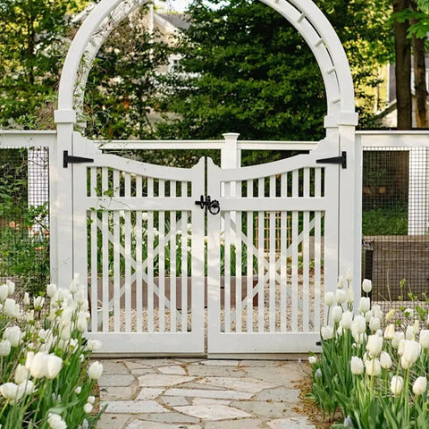 White garden gate with 4 Inch T Strap Hinges Heavy Duty Outdoor Black Gate Hinges For Shed Doors Barn Doors Wooden Fences Fence Hardware