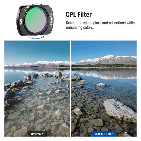 Split image showing landscape with and without CPL filter from ND Filter Set With 0.75x Wide Angle Lens 108 Degree FOV Includes ND16 ND64 ND256 And CPL For DJI Osmo Pocket 3 And Pocket 4 With Xtra Muse Accessories Balances Exposure And Boosts Color For Dope Cinematic Footage.