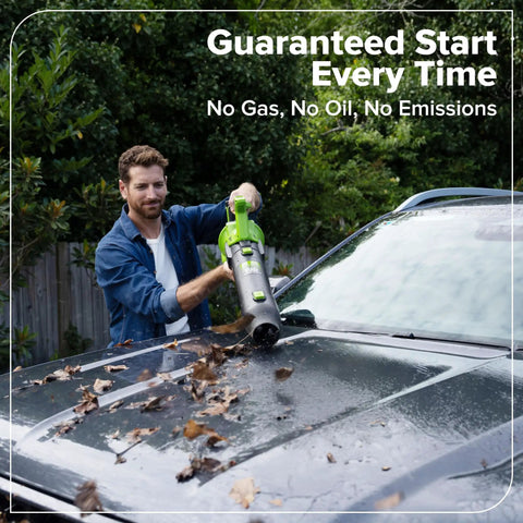Heavy Duty Brushless Motor Turbo Leaf Blower Knocking Out Yard Leaves And Dust With 515 Cfm Airflow And 130 Mph Winds Slick Cordless 24 Volt Electric Handheld Blower For No Sweat Driveway Patio Cleanup Tool Only cleaning leaves off a car hood.