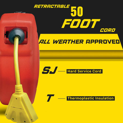 Retractable Extension Cord Reel With Wall Mount Kit, featuring 50-foot STJ cord and triple outlet, all-weather approved.