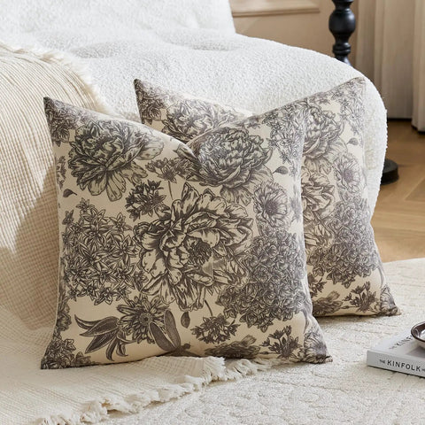 Floral Vintage Pillow Covers 24x24 Inch Set Of 2 Cream Beige Unbleached Natural Cotton Throw Pillow Covers With Block Print Design Neutral Boho Farmhouse Style For Living Room Sofa Couch Decor, floral print on couch