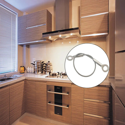 Heavy Duty 304 Stainless Steel Cabinet Door Restraint Cables Set Of 20 Comes Loaded With All Mounting Screws For A No Fuss Install displayed in a kitchen.