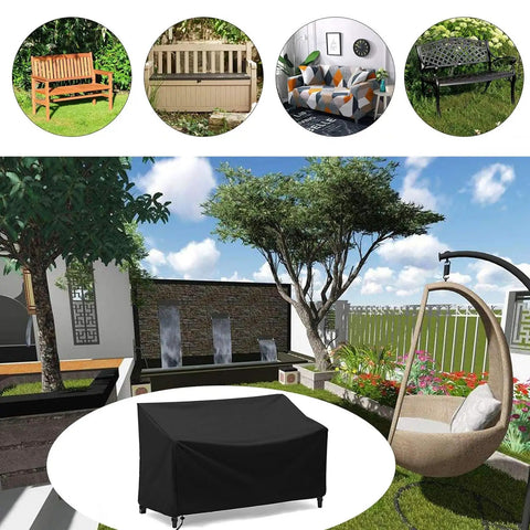 Waterproof 2 Seater Outdoor Bench Cover For Patio Garden Furniture shown in a garden setting, fits 53L x 26W x 35H inches.