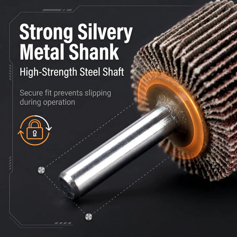 Close-up of strong silvery metal shank on 10 Pack 1 3 Eighth Inch Flap Wheel Sander 80 Grit For Drill Aluminum Oxide Emery Cloth Flaps