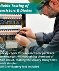 Technician using Pocket Transistor And Diode Tester For In Circuit Checks And Continuity Testing, Pro Grade Made In USA.