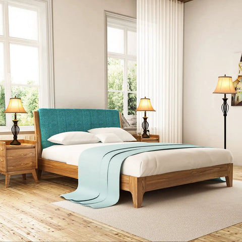 Three Piece Rustic Farmhouse Lamp Set With Beige Linen Shades, Black Metal Bases For A Cozy Living Room Vibe in a stylish bedroom.