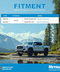Toyota Tacoma pickup, white with black wheels, angled on rocky lakeshore; RETRUE branding at bottom.