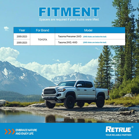Toyota Tacoma pickup, white with black wheels, angled on rocky lakeshore; RETRUE branding at bottom.
