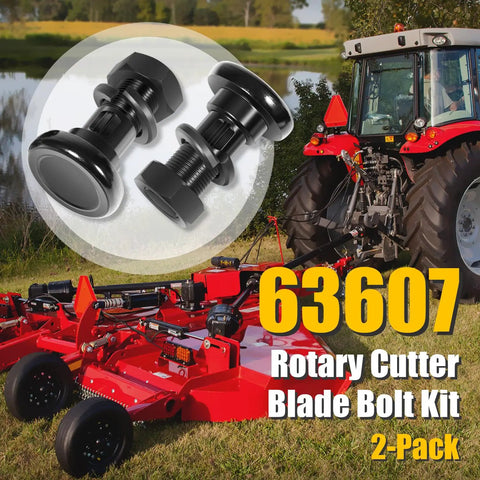 Rotary Cutter Blade Bolt Kit For Secure Attachment 2 Pack Replacement Fits Bush Hog Howse HICO Models Includes One And One Eighth Inch Fine Thread Bolts Nuts Washers, two black steel bolts shown with rotary cutter