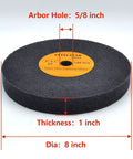 Heavy Duty Eight Inch Nylon Deburring Wheel Nine Piece Set For Bench Grinder, 8 inch diameter, 1 inch thick polishing pad.