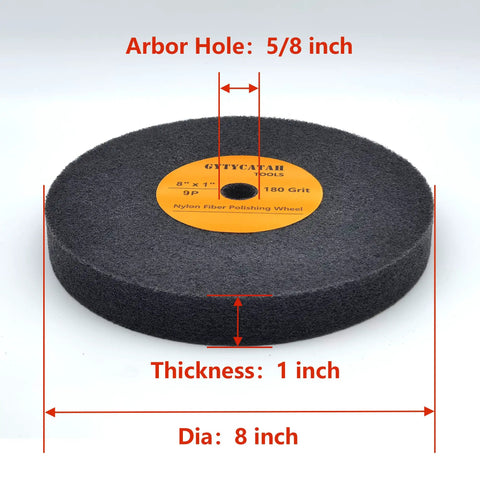 Heavy Duty Eight Inch Nylon Deburring Wheel Nine Piece Set For Bench Grinder, 8 inch diameter, 1 inch thick polishing pad.