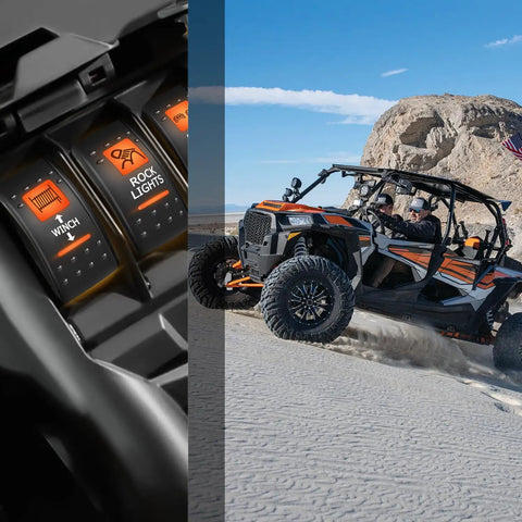 UTV Winch Rocker Switch Momentary With Orange Backlit On Off 7 Pin DPDT For Dual Load Control 20A 12VDC Easy Install Replacement In Winch Panels For Rugged Offroad Use Top Notch installed in UTV winch panel with rock lights
