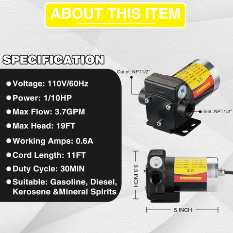 110V AC Self Priming Fuel Transfer Pump For Gasoline Diesel Kerosene With Reversible Pumping Switch High Efficiency 3.7 GPM