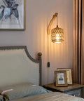 EHFMGYB Rattan Wall Sconces Set of Two Plug in, Boho Wall Lamp with 9.84FT Plug in Cord, rustic hanging light beside bed.