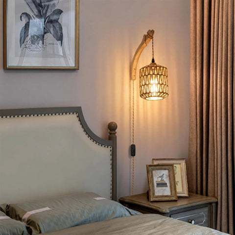 EHFMGYB Rattan Wall Sconces Set of Two Plug in, Boho Wall Lamp with 9.84FT Plug in Cord, rustic hanging light beside bed.