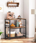 Do It All Kitchen Island With Power Outlet And Storage, 35.4 Inch Long Three Tier Coffee Station And Microwave Stand, Rustic Brown And Black Finish For Home Or Dining Room in a cozy kitchen setup with coffee maker.