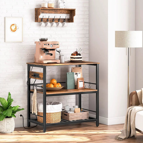 Do It All Kitchen Island With Power Outlet And Storage, 35.4 Inch Long Three Tier Coffee Station And Microwave Stand, Rustic Brown And Black Finish For Home Or Dining Room in a cozy kitchen setup with coffee maker.