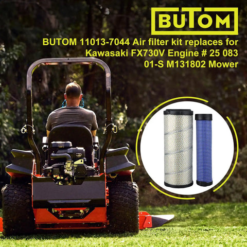 Go To Outer And Inner Air Filter Kit For Kawasaki And Kohler Engines displayed with lawn tractor in use