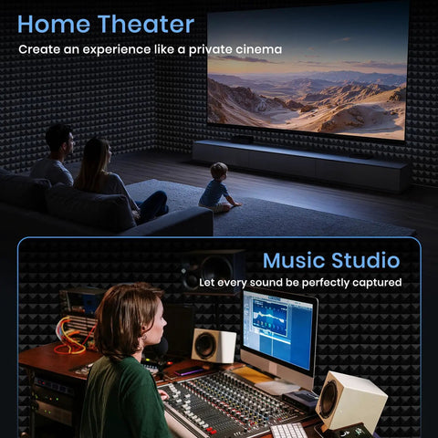 52 Pack Pyramid Acoustic Foam Panels 12X12X2 Inch Heavy Duty Sound Dampening Wall Tiles with Double Side Adhesive Tape for Home Studio setup.