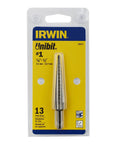 Step Drill Bit Set For Thin Materials One Eighth To One Half Inch Steps With A Quarter Inch Shank Irwin Tools 10231 packaging