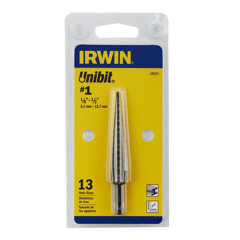 Step Drill Bit Set For Thin Materials One Eighth To One Half Inch Steps With A Quarter Inch Shank Irwin Tools 10231 packaging